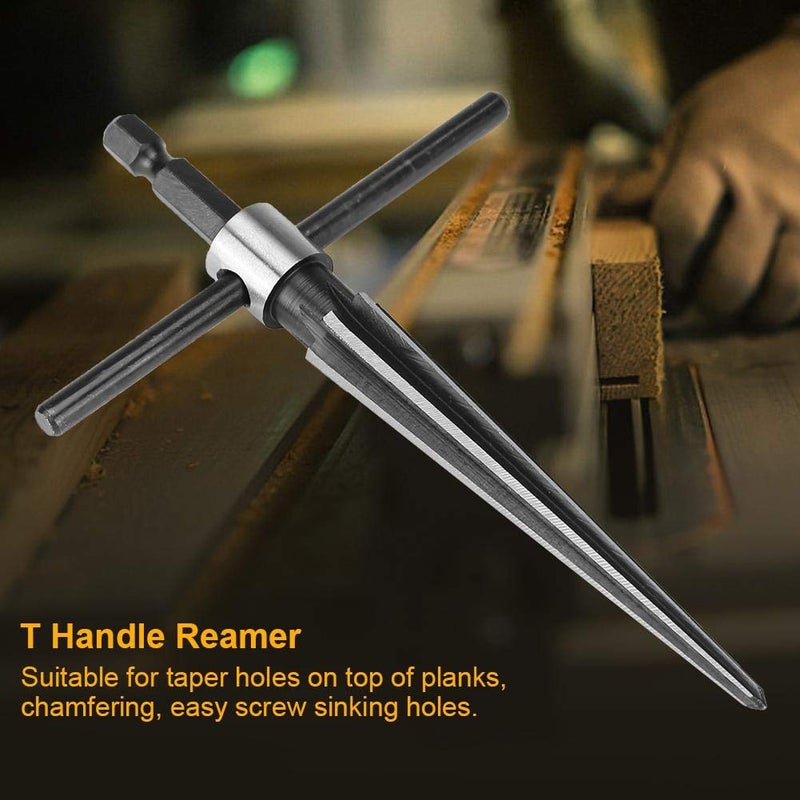 Thincol T Handle Tapered Reamer Tool 3-13mm(1/8-1/2 ), 6 Fluted Chamfer Bridge Pin Hole Handheld Chaser, 45# Steel 1/4" Hex Shank Durable for Chamfering Taper Holes Countersink Latches Guitar - Image 2